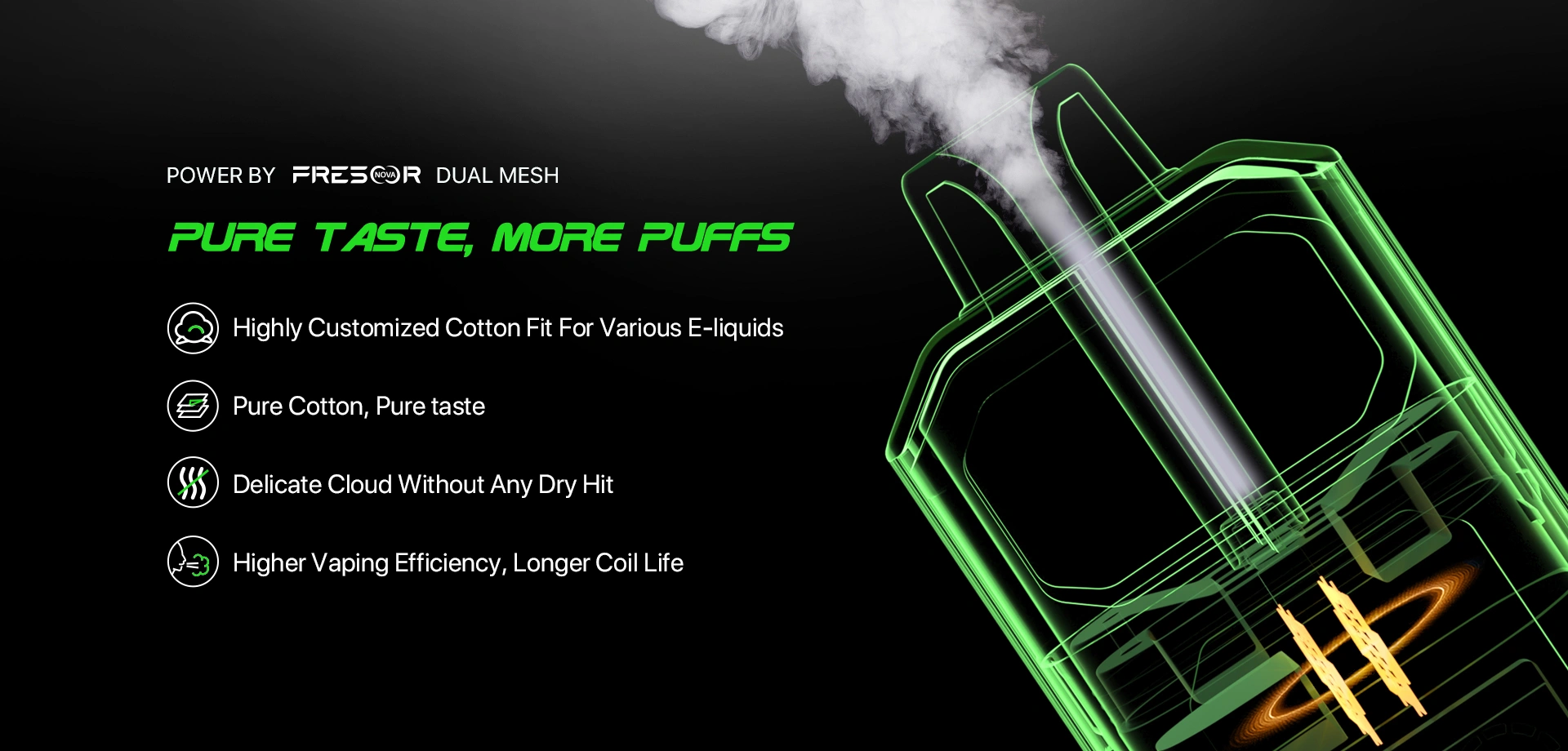 POWER BY FRESOR DUAL MESH PURE TASTE MORE PUFFS Highly Customized Cotton Fit For Various E-liquids Pure Cotton, Pure taste Delicate Cloud Without Any Dry Hit Higher Vaping Efficiency, Longer Coil Life