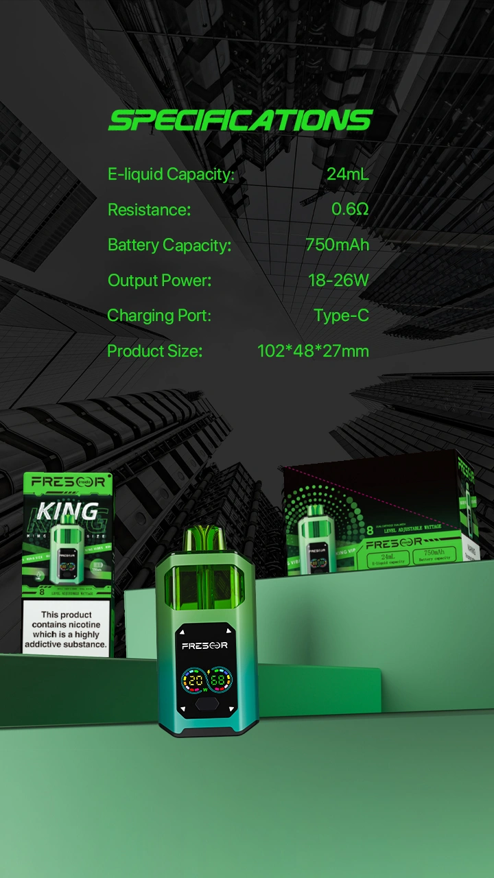 Specifications E-liquid Capacity: 24mL Resistance: 0.6Ω Battery Capacity: 750mAh Output Power: 18-26W Charging Port: Type-C Product Size: 102*48*27mm